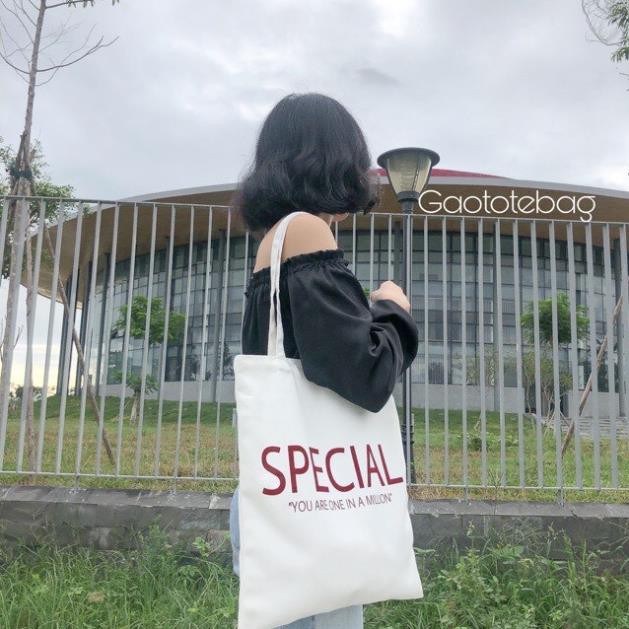 Túi tote vải canvas dày dặn in chữ SPECIAL có khóa kéo đi học đi chơi cực đẹp giá rẻ Herbagstore