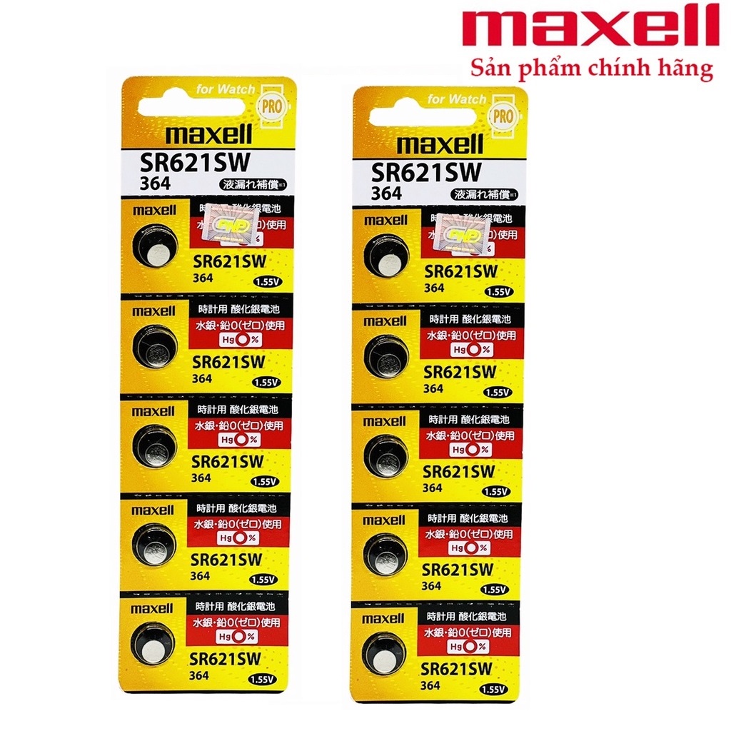5 viên pin Maxell  AG1 / 364 / LR621 / 164 / 531 / SR60 / SR621SW / V164 Silver Oxide 1.55Volt (Nội địa Japan)