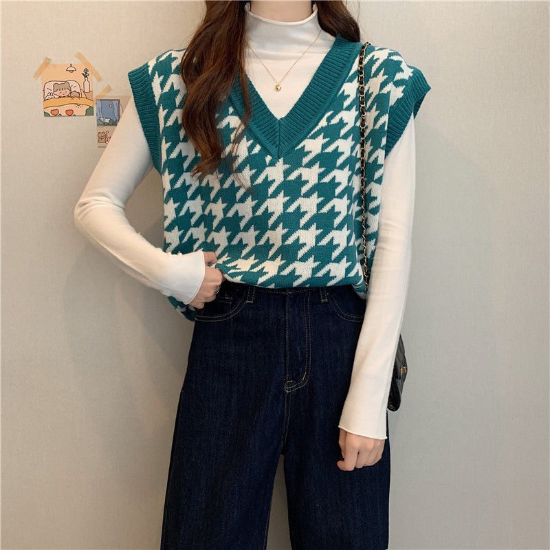 Áo Gile Áo len gile Color Contrast Antique Plaid V-neck Knitted Vest Women's Korean Loose Sleeveless Vest Top | BigBuy360 - bigbuy360.vn