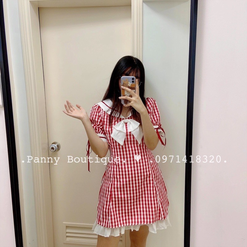 Đầm kiểu cổ thuỷ thủ kẻ caro trắng đỏ, style ulzzang Hàn Quốc 🌻 Panny Boutique 🌻