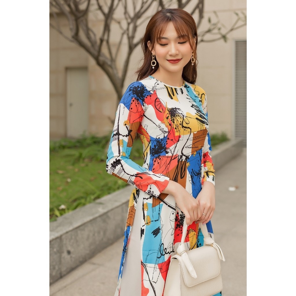 Áo dài truyền thống xanh cổ tròn vải đủi lập thể dãn nhẹ có nhiều size | BigBuy360 - bigbuy360.vn