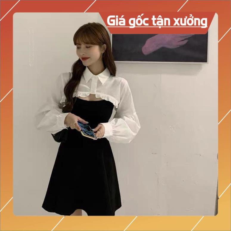 [Hàng Chất Lượng] Set Khoác Sơ Mi Lửng + Váy Xoè 2 Dây (Trắng-Đen) | BigBuy360 - bigbuy360.vn