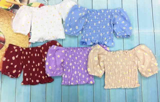 Áo kiểu nhún phối lưới in hoa cúc