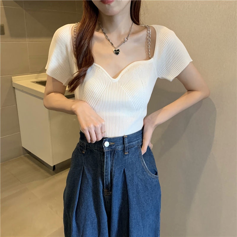 Áo Thun Ngắn Tay Cổ Vuông Phong Cách Mới Mùa Hè Cho Nữ
