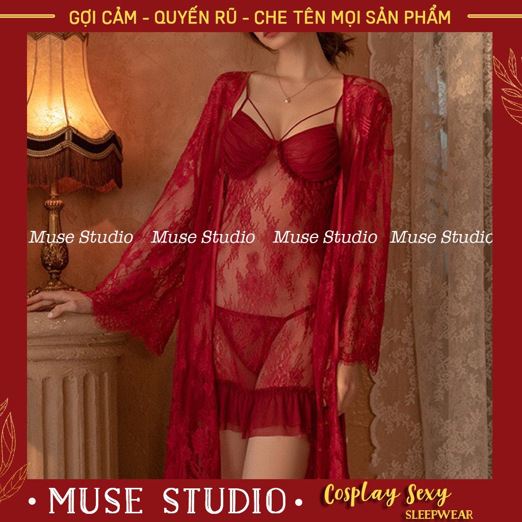 Áo choàng ngủ, Áo choàng tắm vải ren xuyên thấu mềm mại kèm đai (không kèm váy) MUSE STUDIO