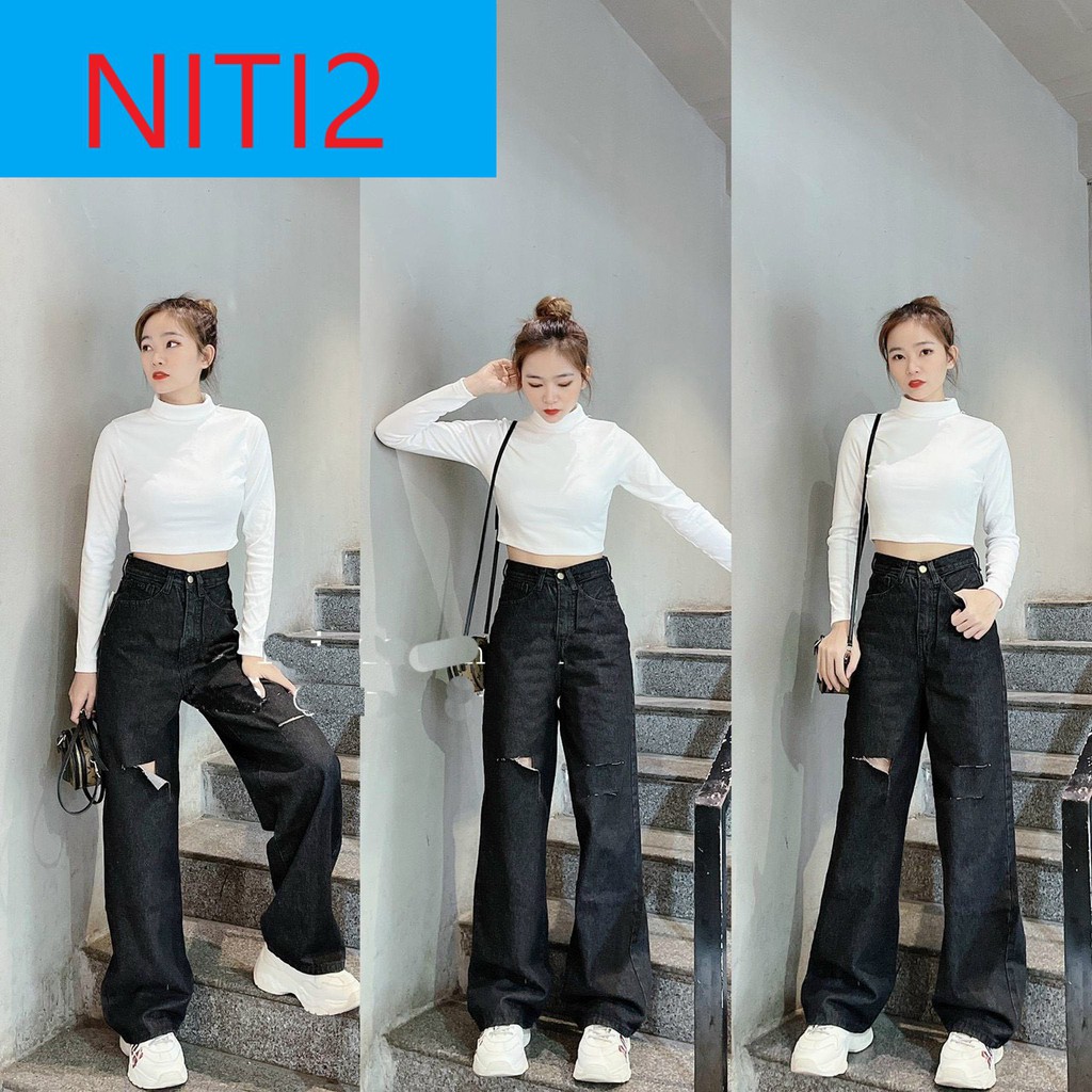 QUẦN JEAN ỐNG RỘNG NỮ XÁM ĐEN RÁCH 1 VẠT 2 SỌC FORM DÀI RỘNG LAI CUỐN CHUẨN CHỈ, ĐẲNG CẤP THỜI TRANG VÀ CÁ TÍNH CAO CẤP