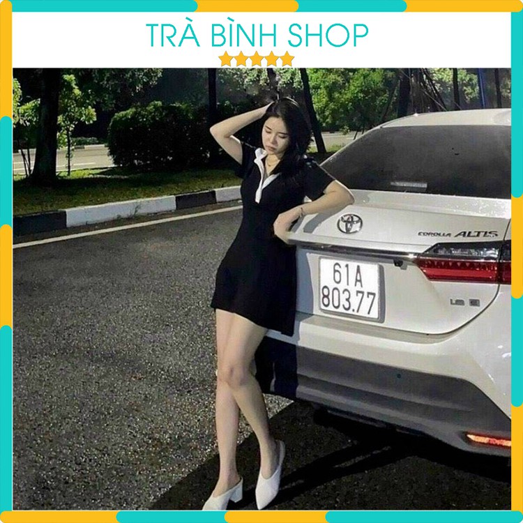 Đầm Polo Mặc Đi Chơi Dáng Ôm Màu Đen Phối Cổ Trắng Váy Dạo Phố Body Ngắn Tay Dự Tiệc