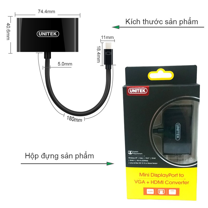 Cáp Mini Displayport -> Vga + HDMI Unitek Y6328. Cáp chuyển đổi từ Mini Displayport sang Vga hoặc HDMI Unitek Y6328