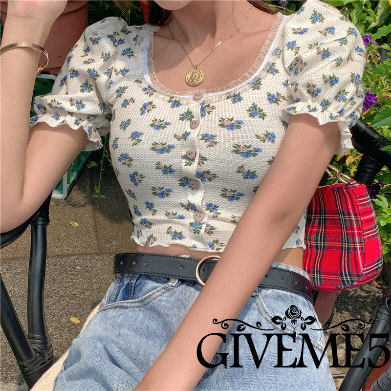 Áo croptop tay phồng in họa tiết hoa xinh xắn thời trang cho nữ