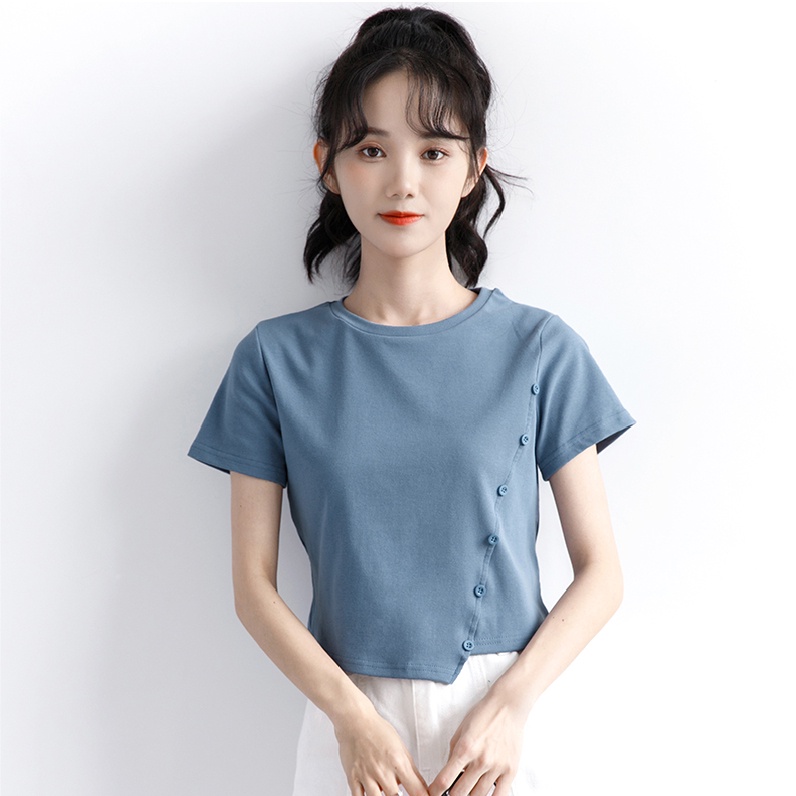 Áo croptop nữ OKIMAC thun nữ cổ tròn vạt lệch phối cúc 3 màu trắng, đen, xanh chất cotton co giãn thời trang nữ