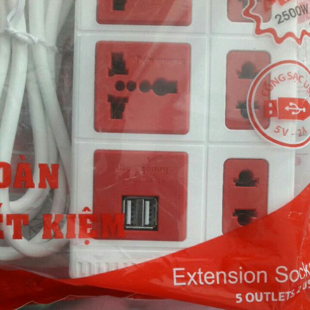 Ổ cấm Điện Quang 5 ổ cấm có 2 cổng USB 2A, 2m 2500w