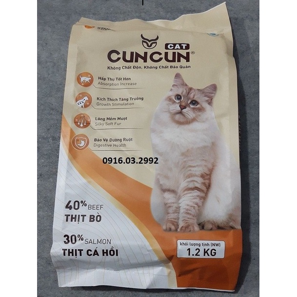 Thức ăn cho mèo CunCun 1,2kg, Thức ăn hạt khô không chất bảo  quản