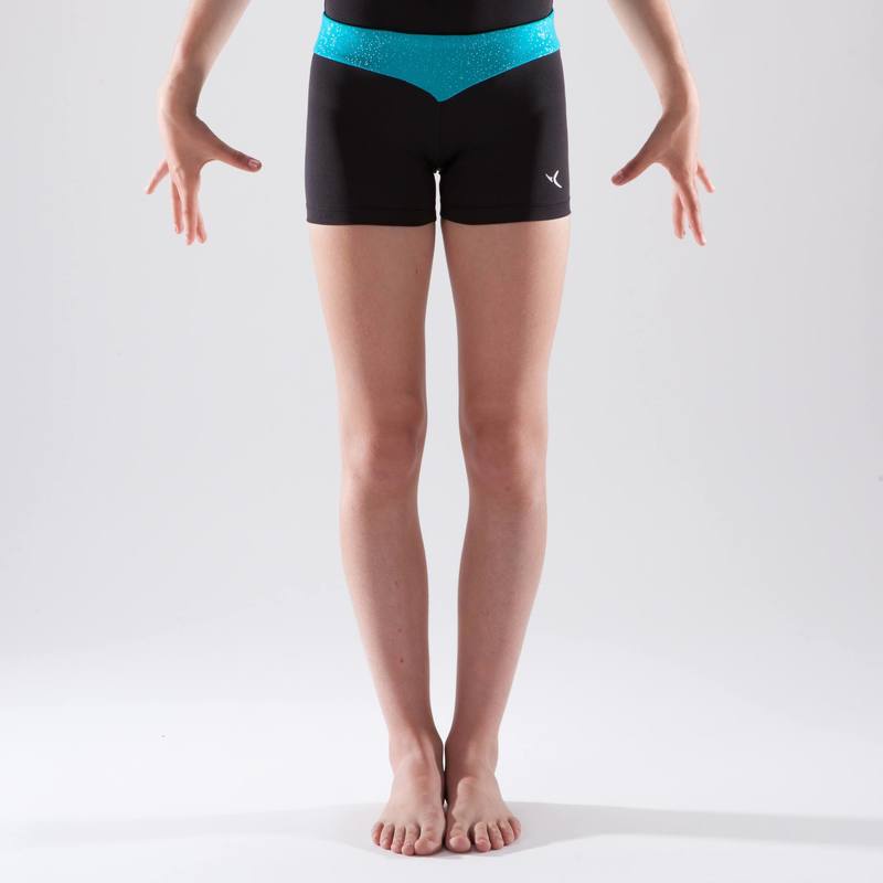 Quần short thể dục nghệ thuật cho bé gái Decathlon DOMYOS có thắt lưng xanh ngọc lam kim tuyến