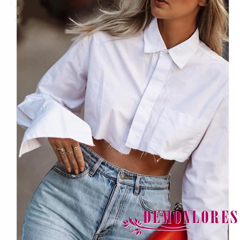 Áo sơ mi croptop hở rốn cổ bẻ thiết kế bất đối xứng màu trơn thời trang mùa xuân dành cho nữ
