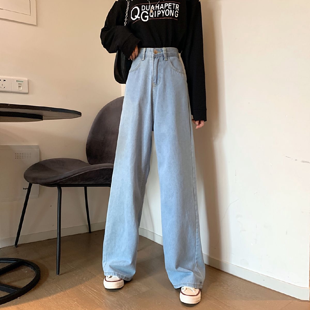 Quần jeans lưng cao ống rộng đứng thời trang cho nữ