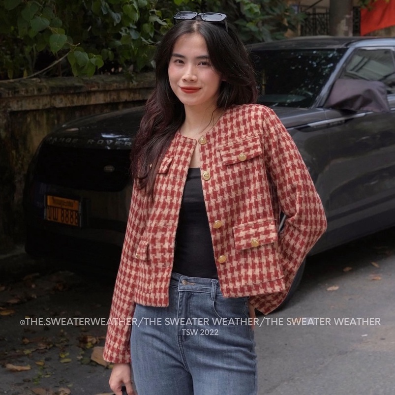 Áo Dạ Tweed Nữ Dài Tay Dáng Ngắn Họa Tiết Ziczac Phong Cách Vintage, Áo Khoác Dạ Nữ Kẻ Đỏ 4 Túi Dáng Ngắn Kẻ Caro