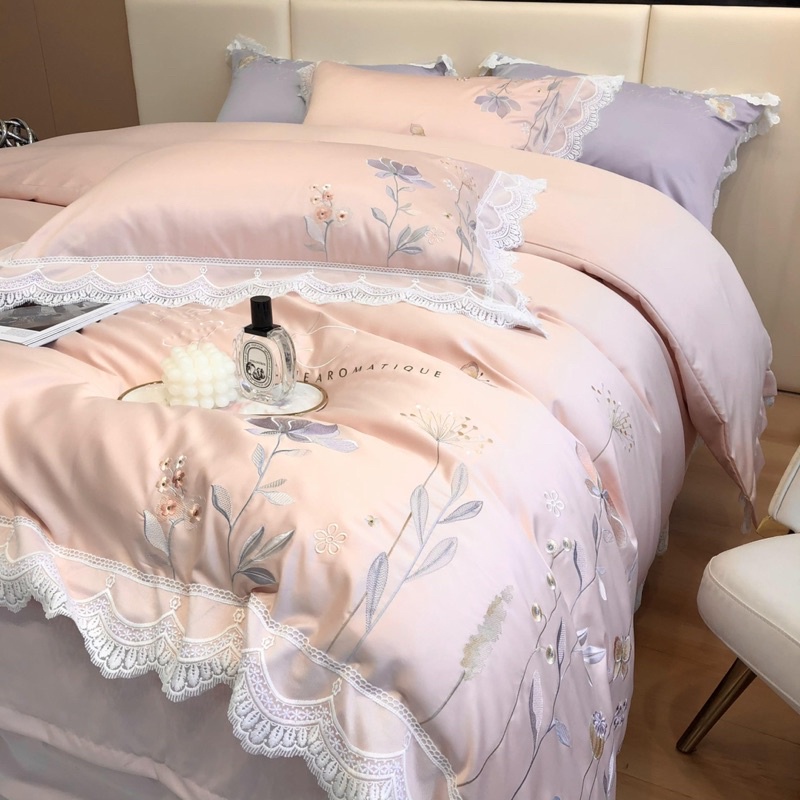 Bộ chăn ga gối Lụa Silk thêu hoa viền ren 3 màu