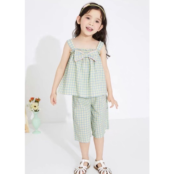 B190 - Bộ culottes kẻ vàng smock nơ