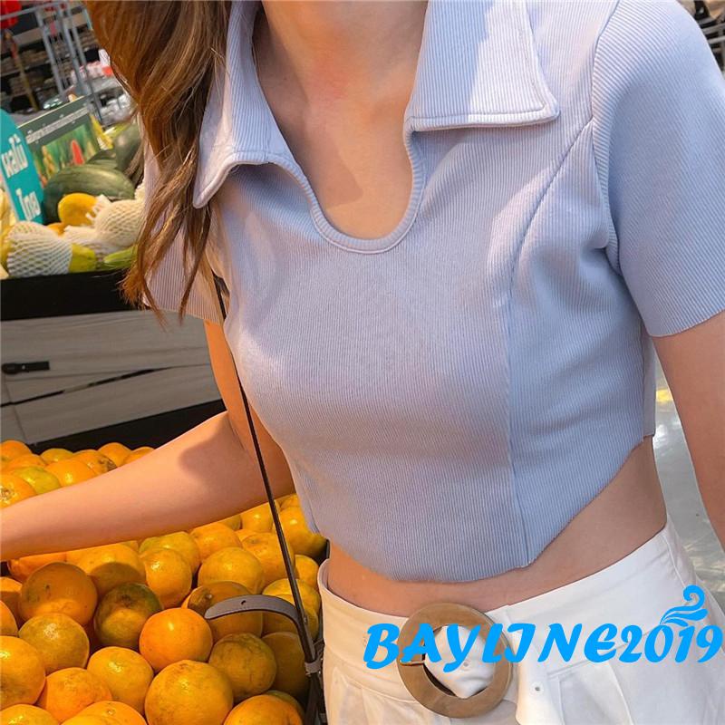 Áo Croptop Tay Ngắn Cổ Bẻ Màu Trơn Thời Trang Mùa Hè Dành Cho Nữ