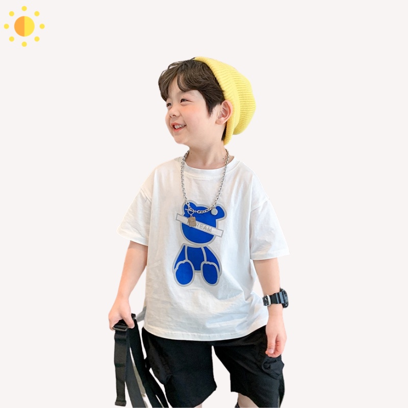 Áo thun cộc tay cotton cho bé trai bé gái  size 2- 9 tuổi màu trắng hình gấu đáng yêu - OA074