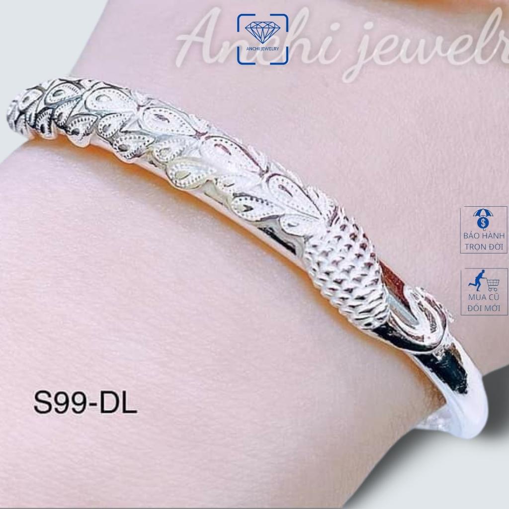 Kiềng tay bạc nữ họa tiết đuôi công, chuẩn bạc ta bao sáng không xuống màu - Anchi jewelry