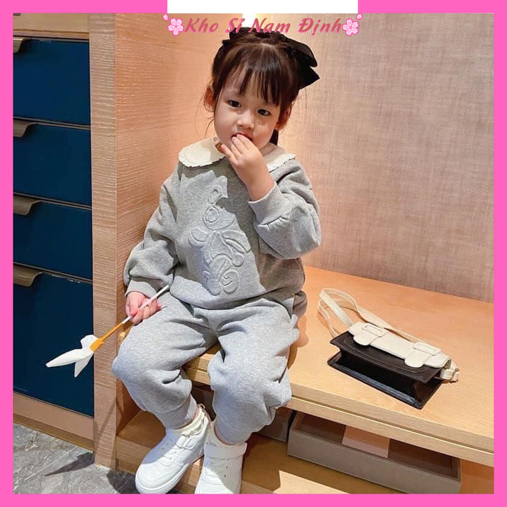 Quần áo trẻ em , Đồ bộ bé trai bé gái dài tay thu đông nỉ bông hình gấu dập nổi bo gấu màu xám