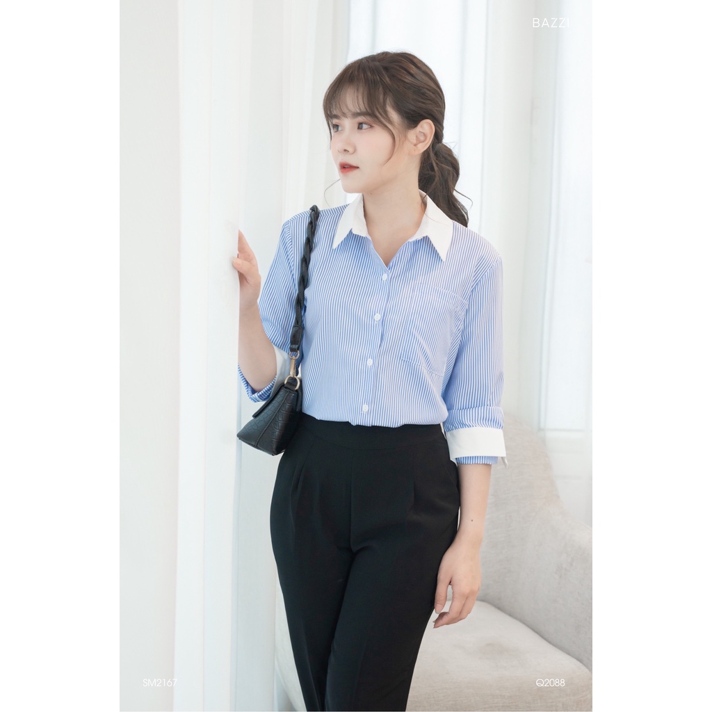 Áo sơ mi nữ công sở cổ đức kẻ xanh mix trắng dài tay basic thiết kế Bazzi-ẢNH THẬT TỰ CHỤP