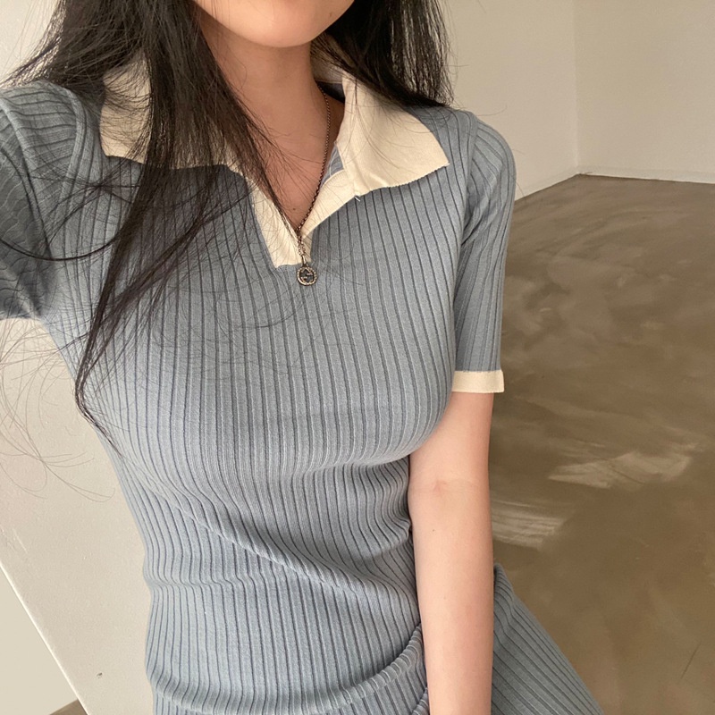 Đầm dệt kim IELGY tay ngắn cổ polo dáng ôm thời trang cho nữ