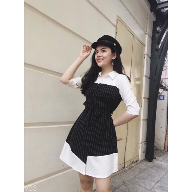 Đầm sơmi trắng phối sọc