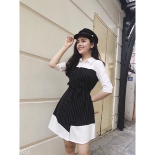 Đầm sơmi trắng phối sọc