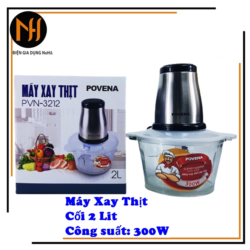 Máy xay thịt cối inox 304 và cối thủy tinh Povena, dung tích cối 2L, công suất 300W, 4 lưỡi dao, trục inox