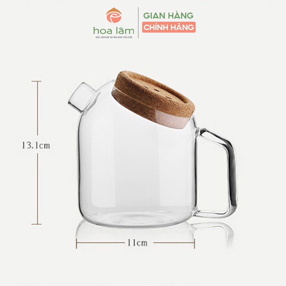 Ấm trà thủy tinh Hoa Lâm nắp gỗ nghiêng 650ml