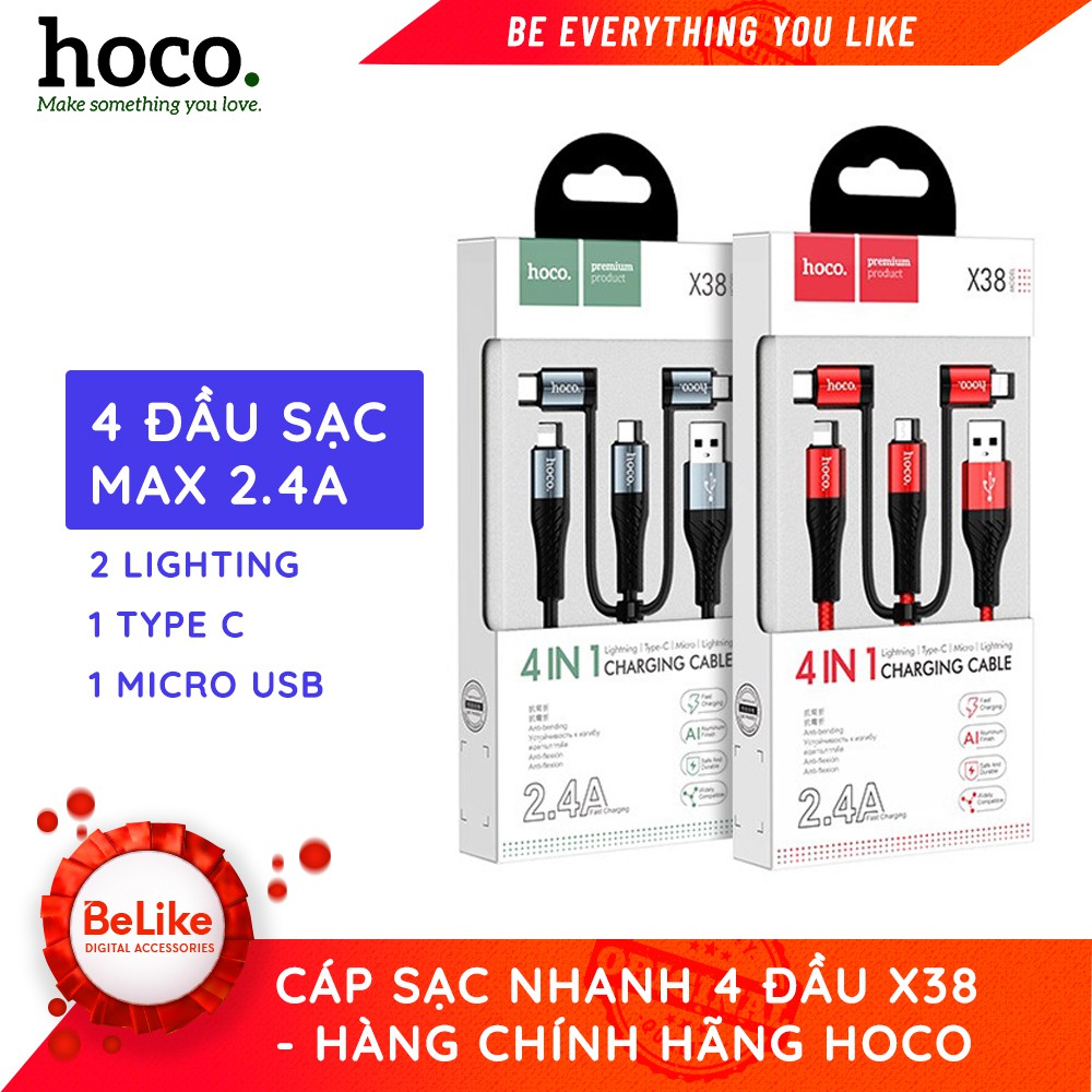 Cáp Sạc Nhanh 4 Đầu Hoco X38 (2 x Lightning, Micro-USB, Type-C) - Hàng Chính Hãng