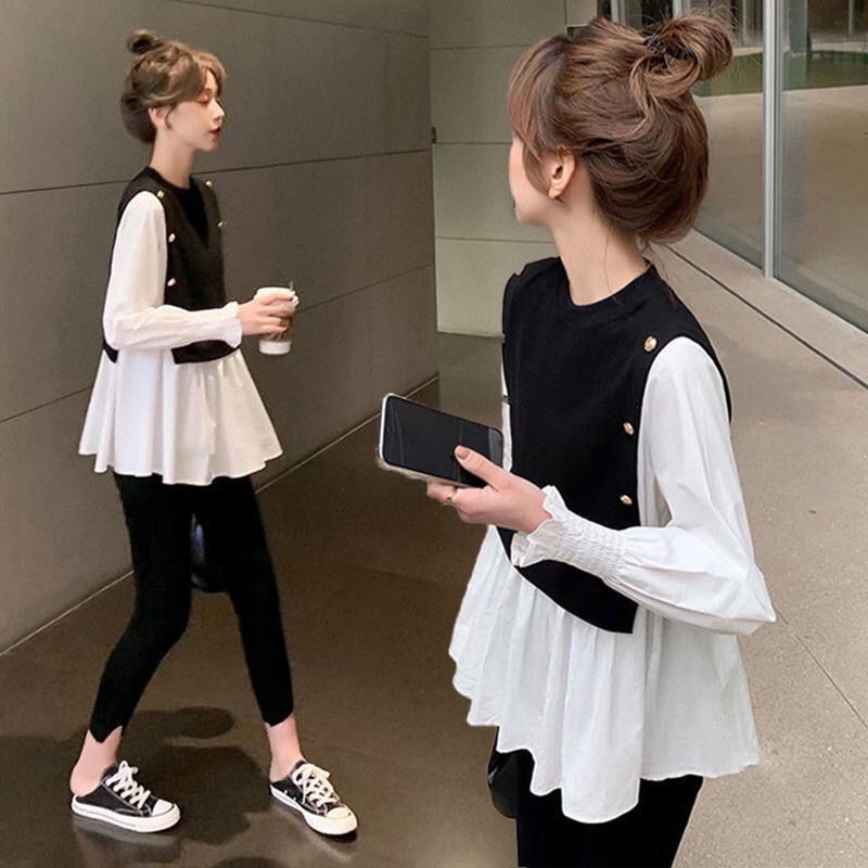Áo Giả Hai Lớp Dáng Rộng Phối Màu Trắng Đen Thời Trang Cho Nữ Size M-4XL