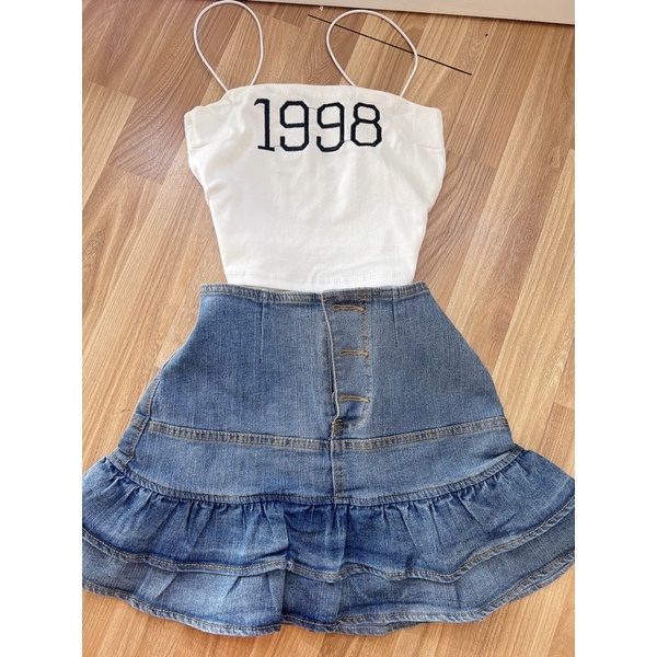 Set áo 2 dây 1998 và chân váy jean tầng siêu hot alohashop91