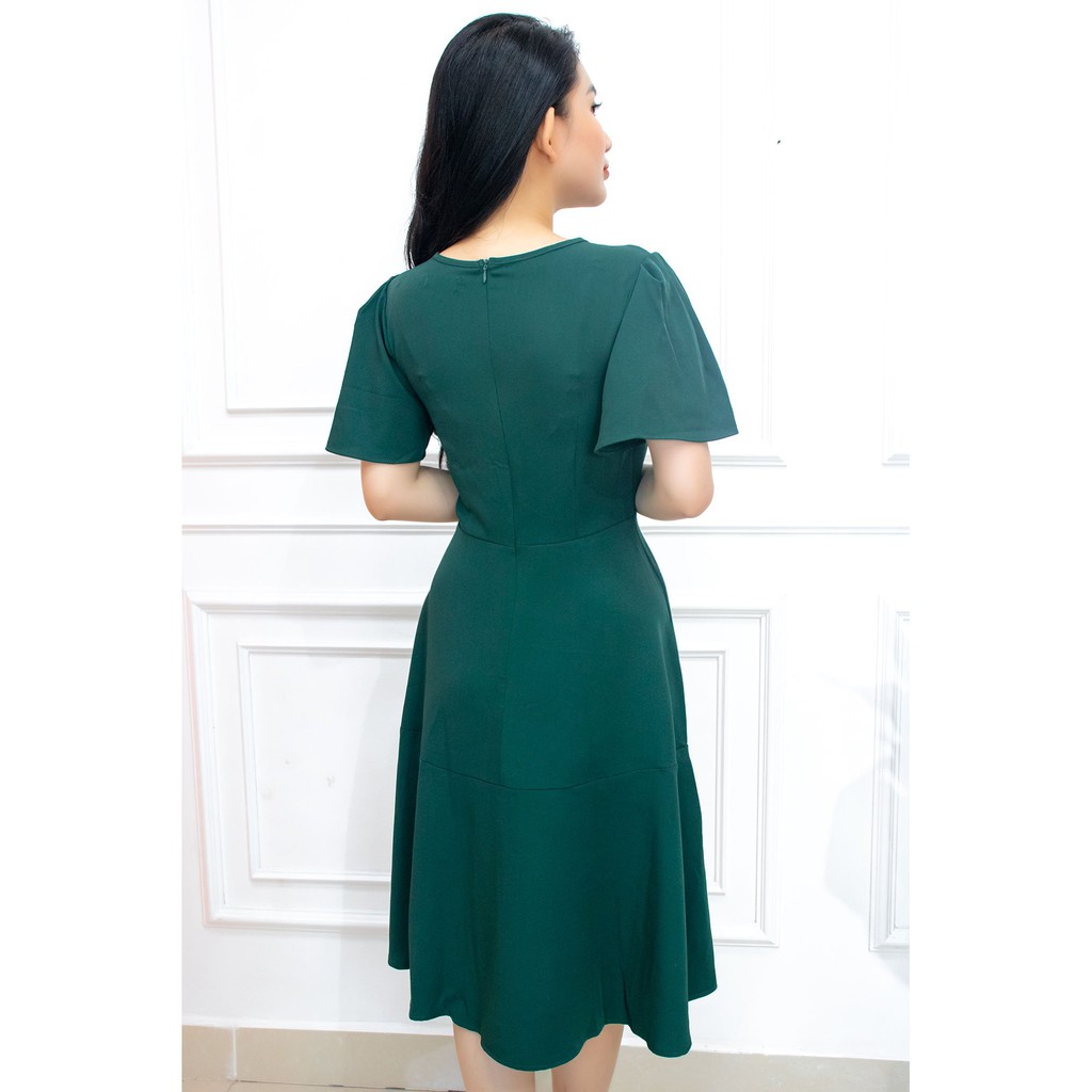 Đầm thiết kế công sở dự tiệc trung niên dáng xòe họa tiết xanh trơn - AMYRA Da047 | BigBuy360 - bigbuy360.vn