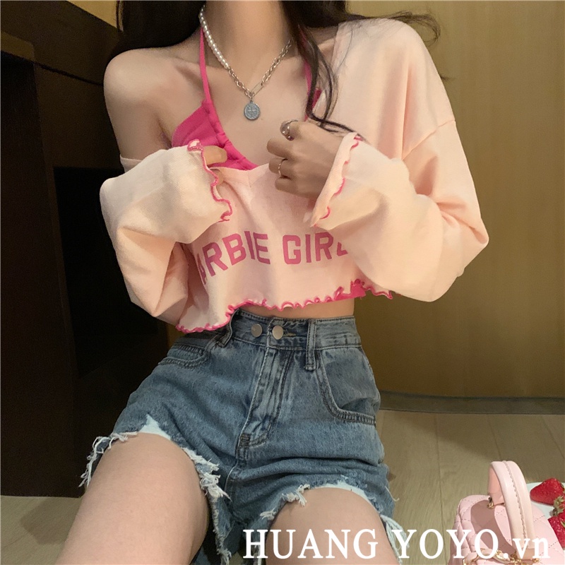 HUANG YOYO Bộ Áo Dệt Kim Chống Nắng + Quần Yếm Ngắn Phong Cách Hàn Quốc Thời Trang Cho Nữ