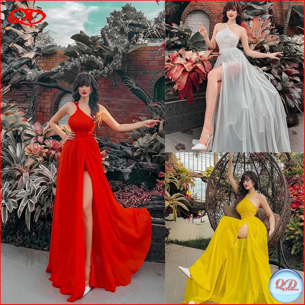 Đầm váy maxi nữ dự tiệc dáng dài sẻ tà 2 dây đi biển có sẵn nút ngực cá tính chụp hình sống ảo QD MSP010