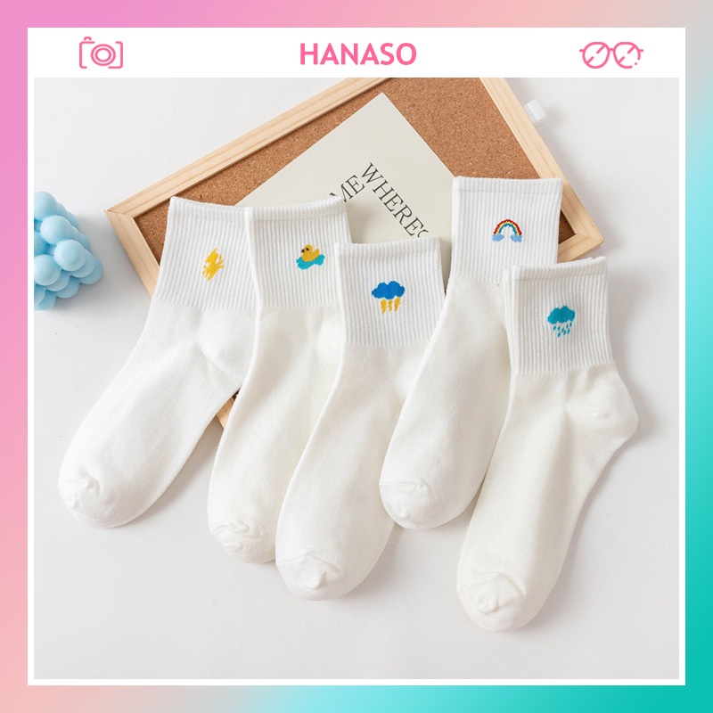 Tất vớ cổ cao nữ trắng nhún phong cách Nhật Hàn thêu hình thời tiết dễ thương chất liệu cao cấp hợp mùa hè HANASO TD051