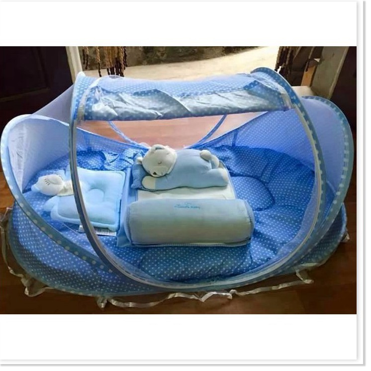 Màn, mùng, nôi chụp cho em bé có nhạc, kèm đệm lót, gối đầu