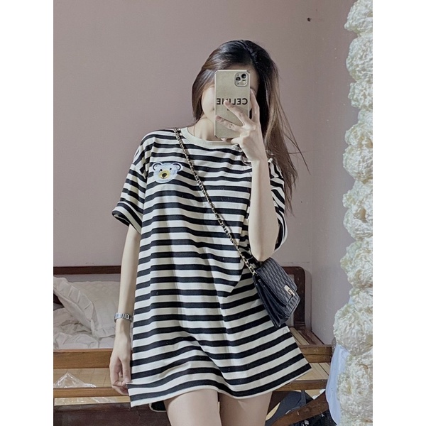 ÁO PHÔNG THÊU GẤU KẺ NGANG FROM RỘNG MS14882