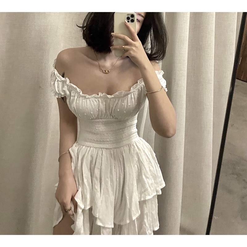 MYUNG - Đầm trễ vai 2 tầng vải voan thêu hạt nổi eo nhún - PHOEBE DRESS | BigBuy360 - bigbuy360.vn