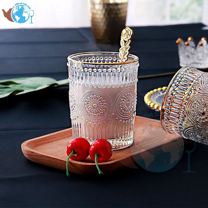 Cốc thủy tinh VIỀN VÀNG 300ml vân họa tiết mặt trời, ly thủy tinh cao cấp phong cách Châu Âu