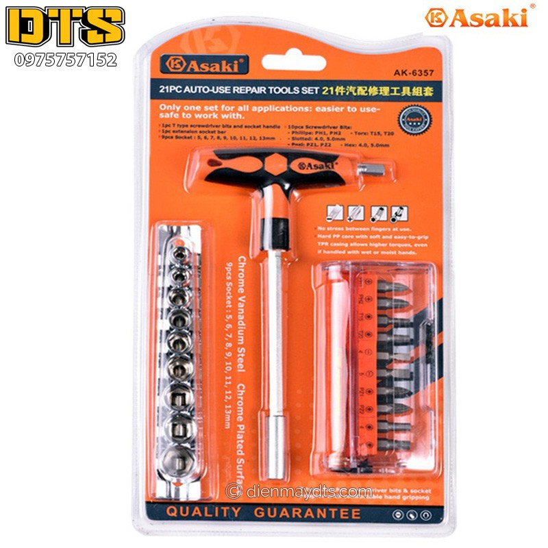 Đầu tuýp và bộ mũi vít 21 chi tiết Asaki AK-6357