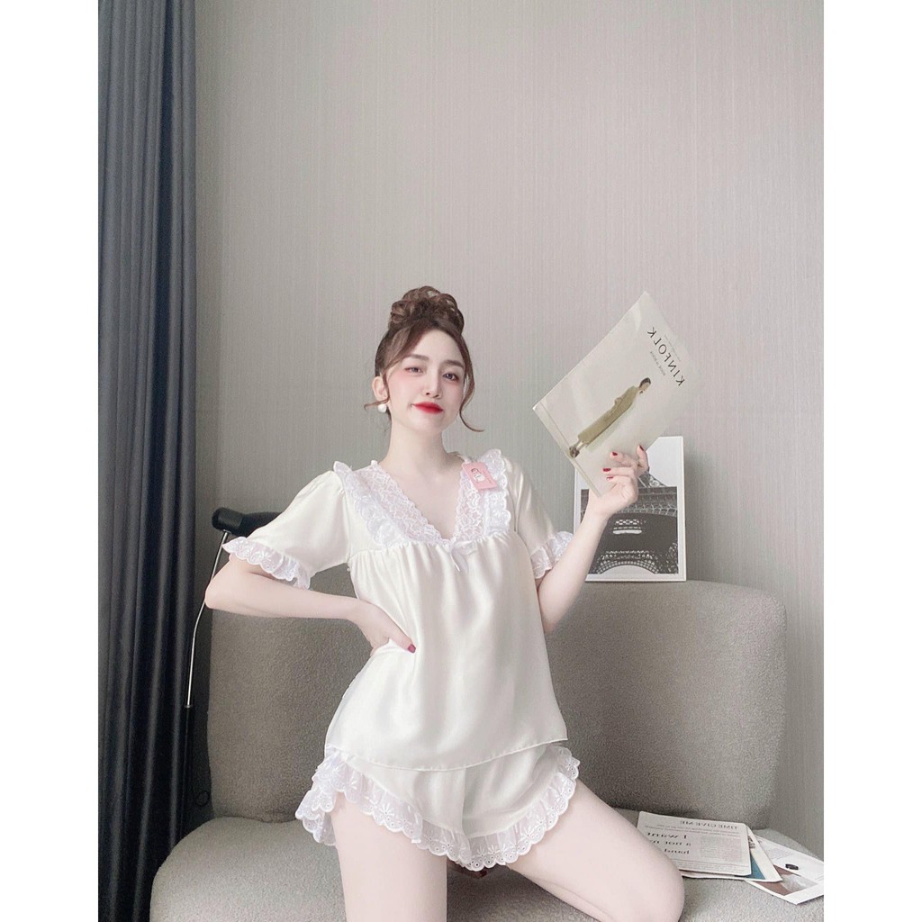 Bộ ngủ pijama tay ngắn - Đồ Bộ Áo Quần Ngắn Tay Cổ Phối Ren Nữ Tính [D30] | BigBuy360 - bigbuy360.vn