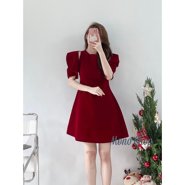 Đầm nhung vai vuông bồng, váy nhung khoét vai 2 màu đỏ đen Ảnh thật/ sẵn