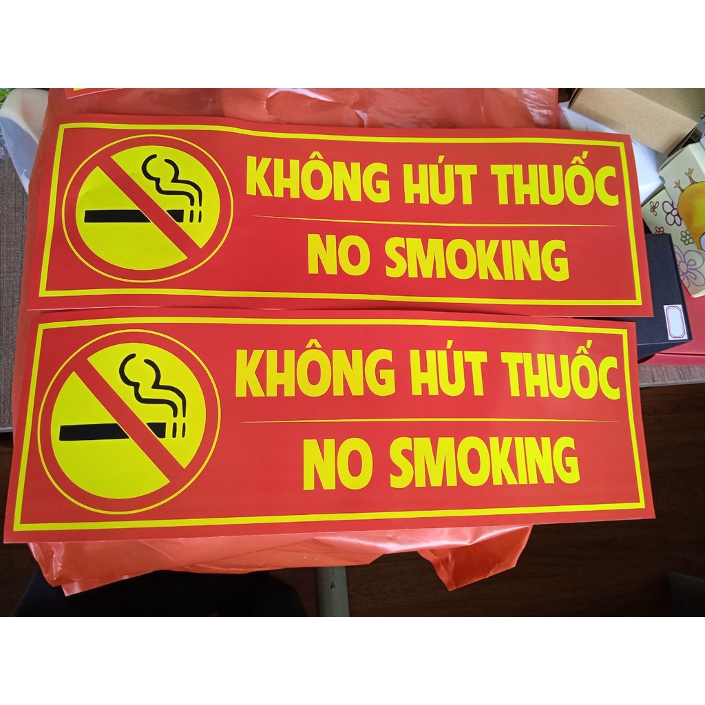 Tem Decal Dán Logo Không Hút Thuốc Nền Đỏ Chữ Vàng 45x15cm