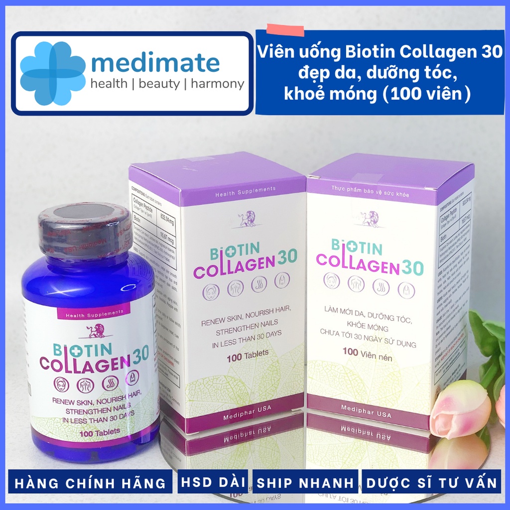 Viên uống Biotin Collagen 30 giúp đẹp da, làm chậm lão hóa, giúp tóc dày bóng, móng chắc khỏe (lọ 100 viên)