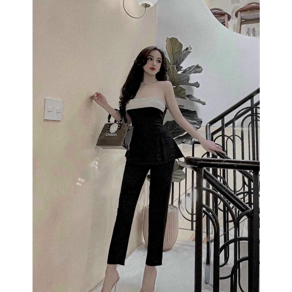 Set bộ áo cúp ngực phối viền trắng và quần dài rosefashion