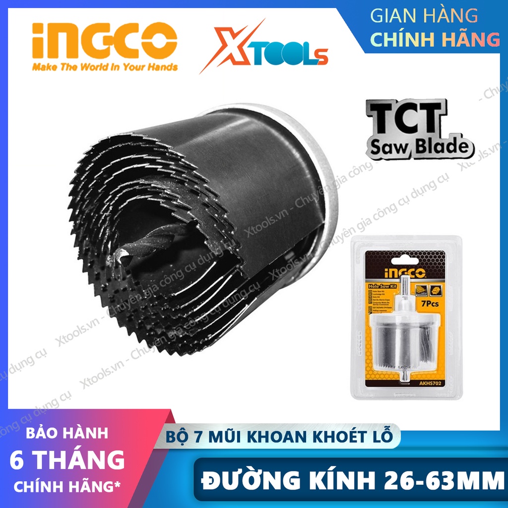 Bộ mũi khoan khoét lỗ nhiều vòng INGCO AKHS702 7 mũi khoan lỗ 26-63mm hợp kim siêu cứng dùng được trên nhiều chất liệu